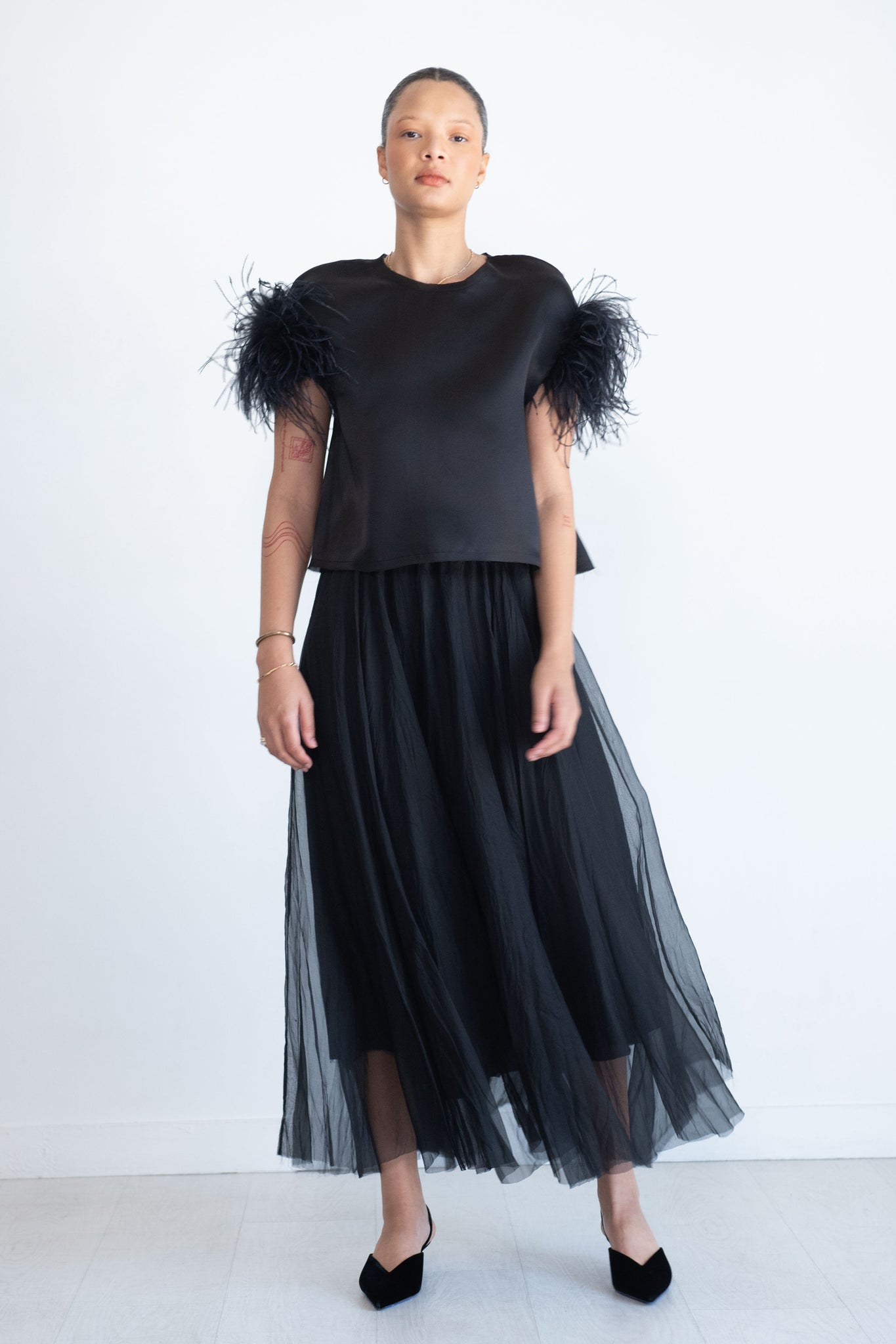 Louiza Babouryan - Satin Organza Top with Feathers, Black