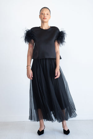 Louiza Babouryan - Satin Organza Top with Feathers, Black