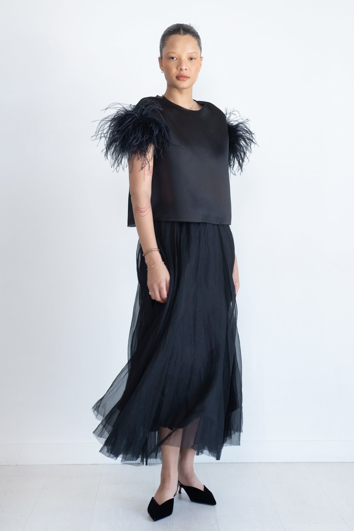 Louiza Babouryan - Satin Organza Top with Feathers, Black