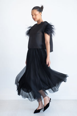 Louiza Babouryan - Satin Organza Top with Feathers, Black