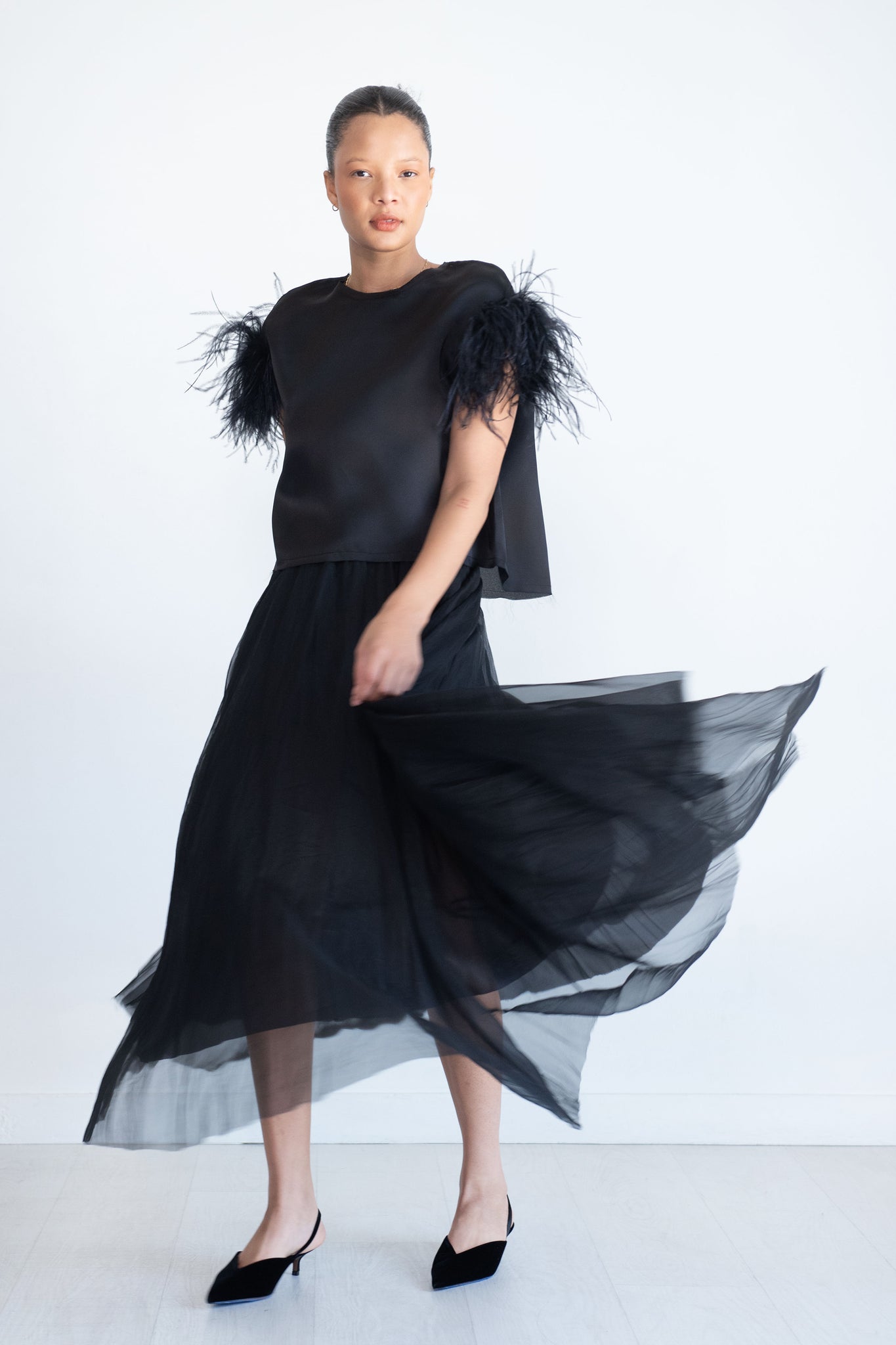 Louiza Babouryan - Satin Organza Top with Feathers, Black