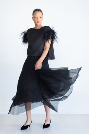 Louiza Babouryan - Satin Organza Top with Feathers, Black
