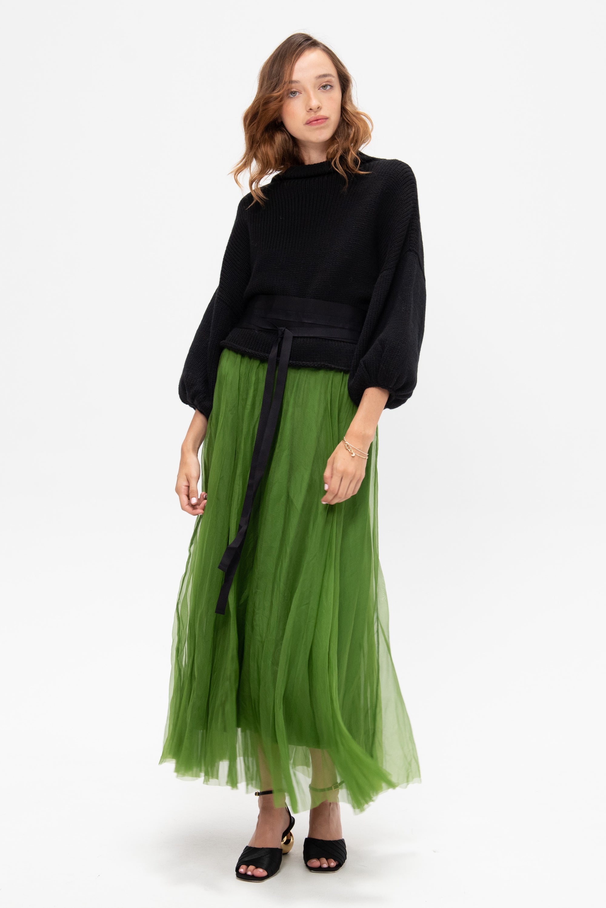 Long Silk Organza Skirt, Moss