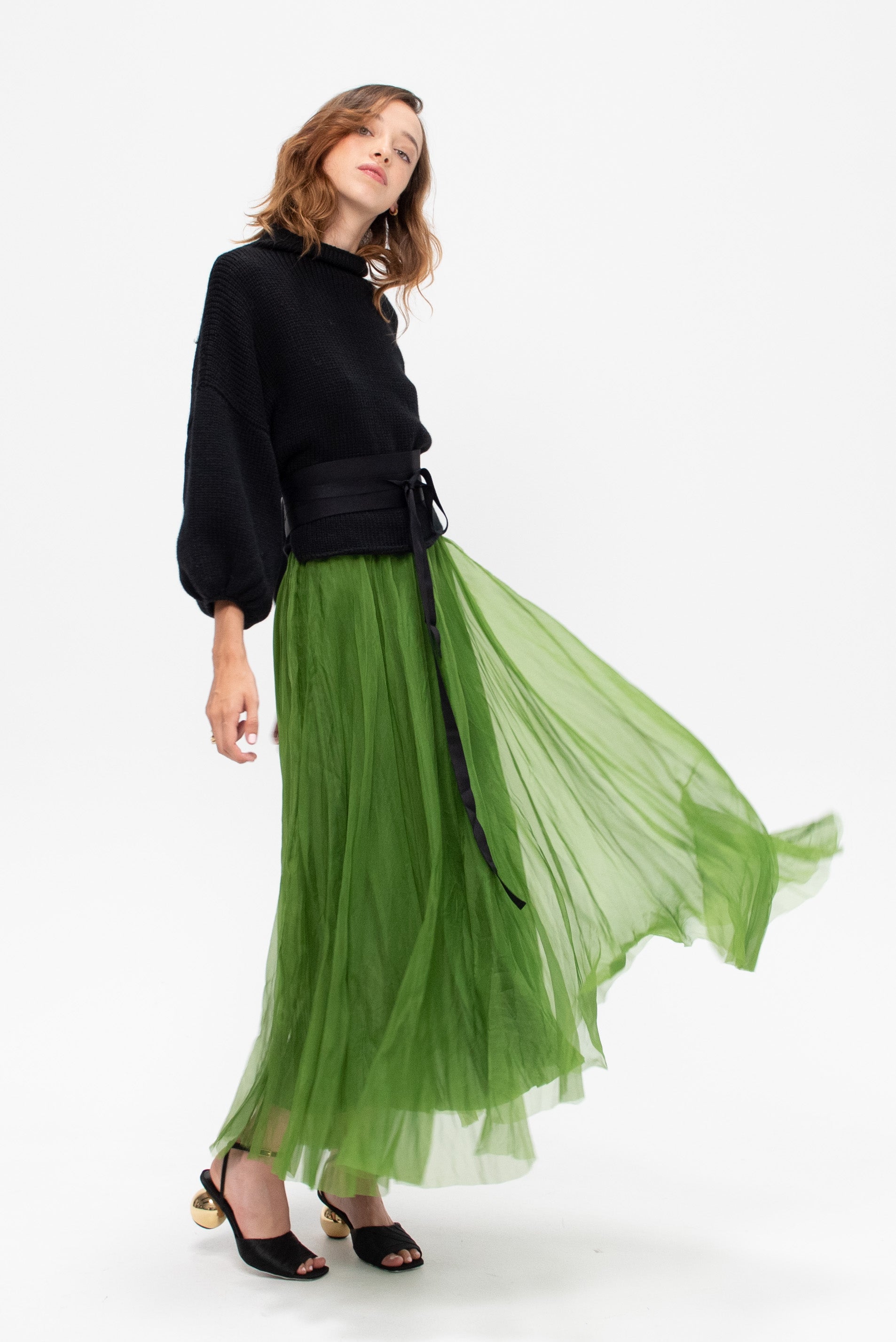 Long Silk Organza Skirt, Moss