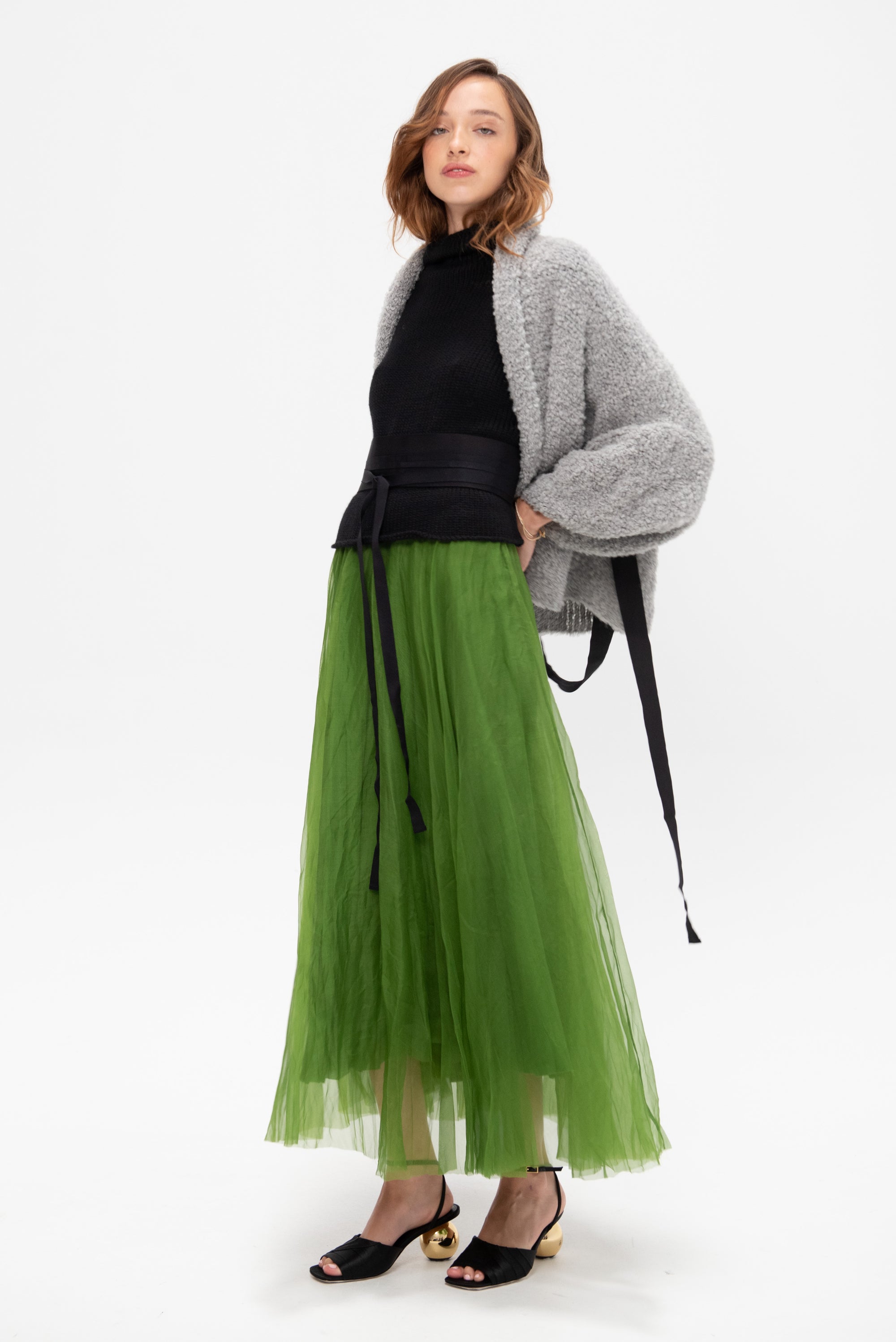 Long Silk Organza Skirt, Moss
