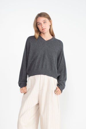 LOULOU STUDIO - V-Neck Sweater, Anthracite Melange