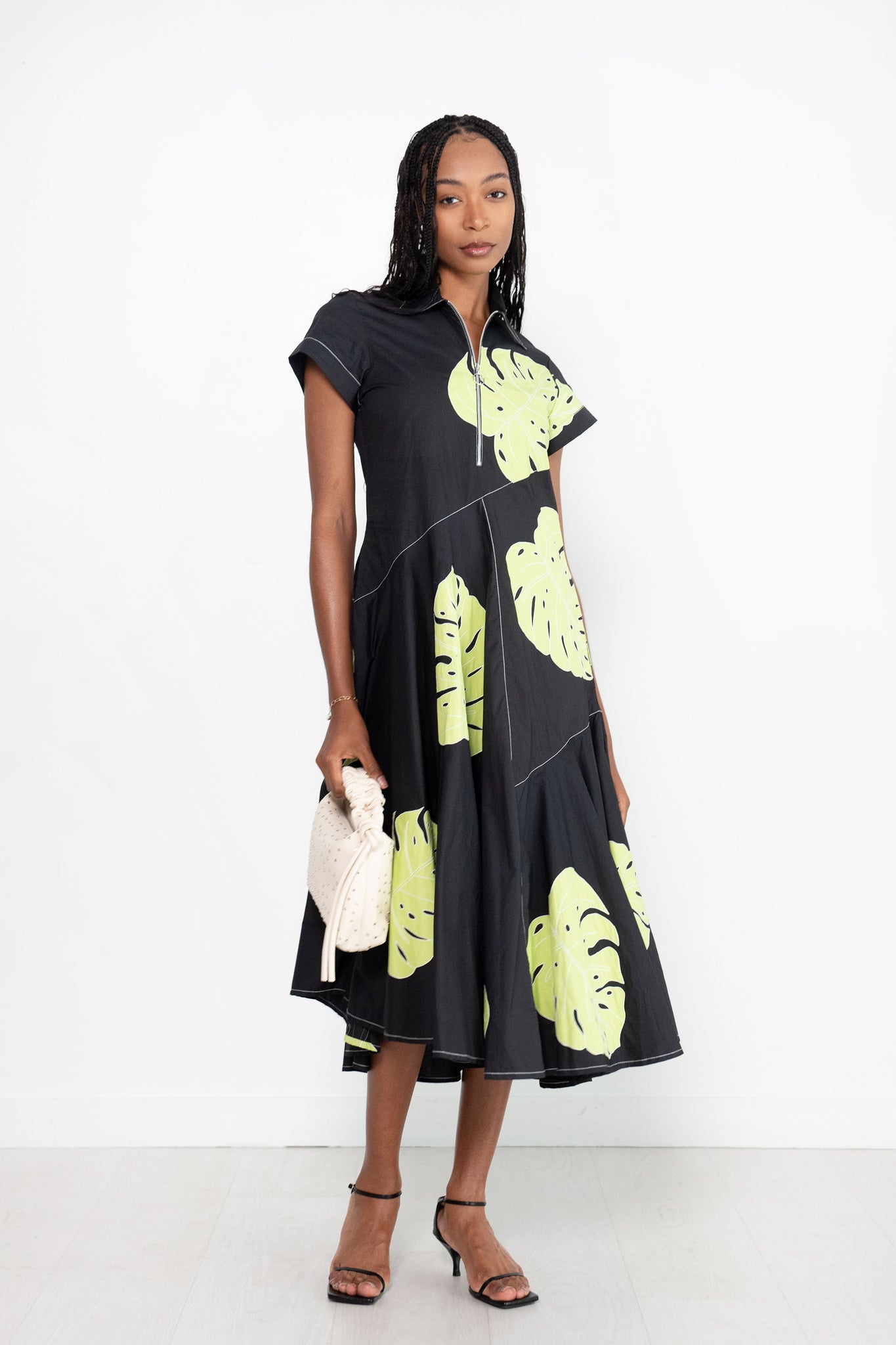 LOVEBIRDS - Zip Front Leaf Applique Dress, Black & Lime