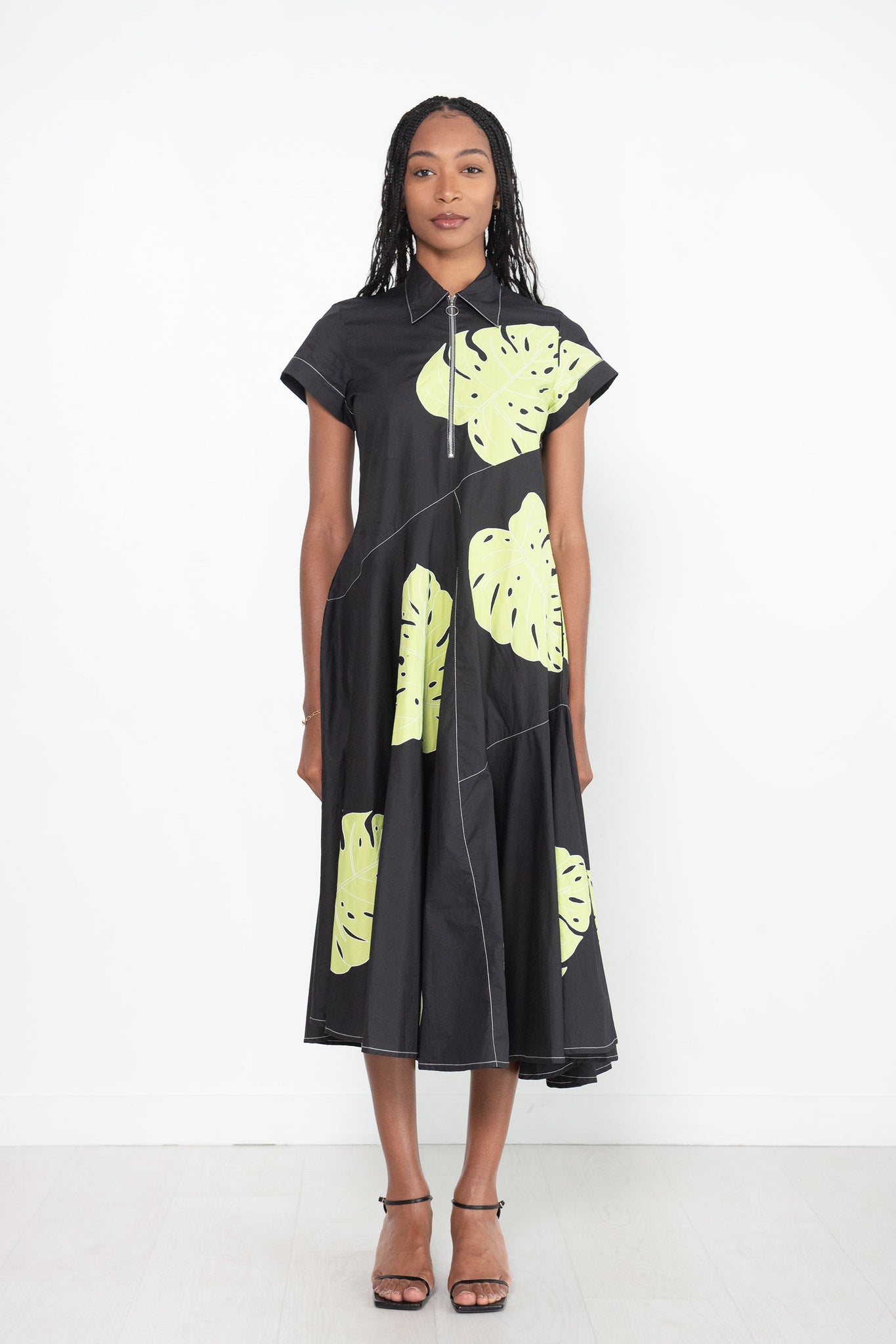 LOVEBIRDS - Zip Front Leaf Applique Dress, Black & Lime