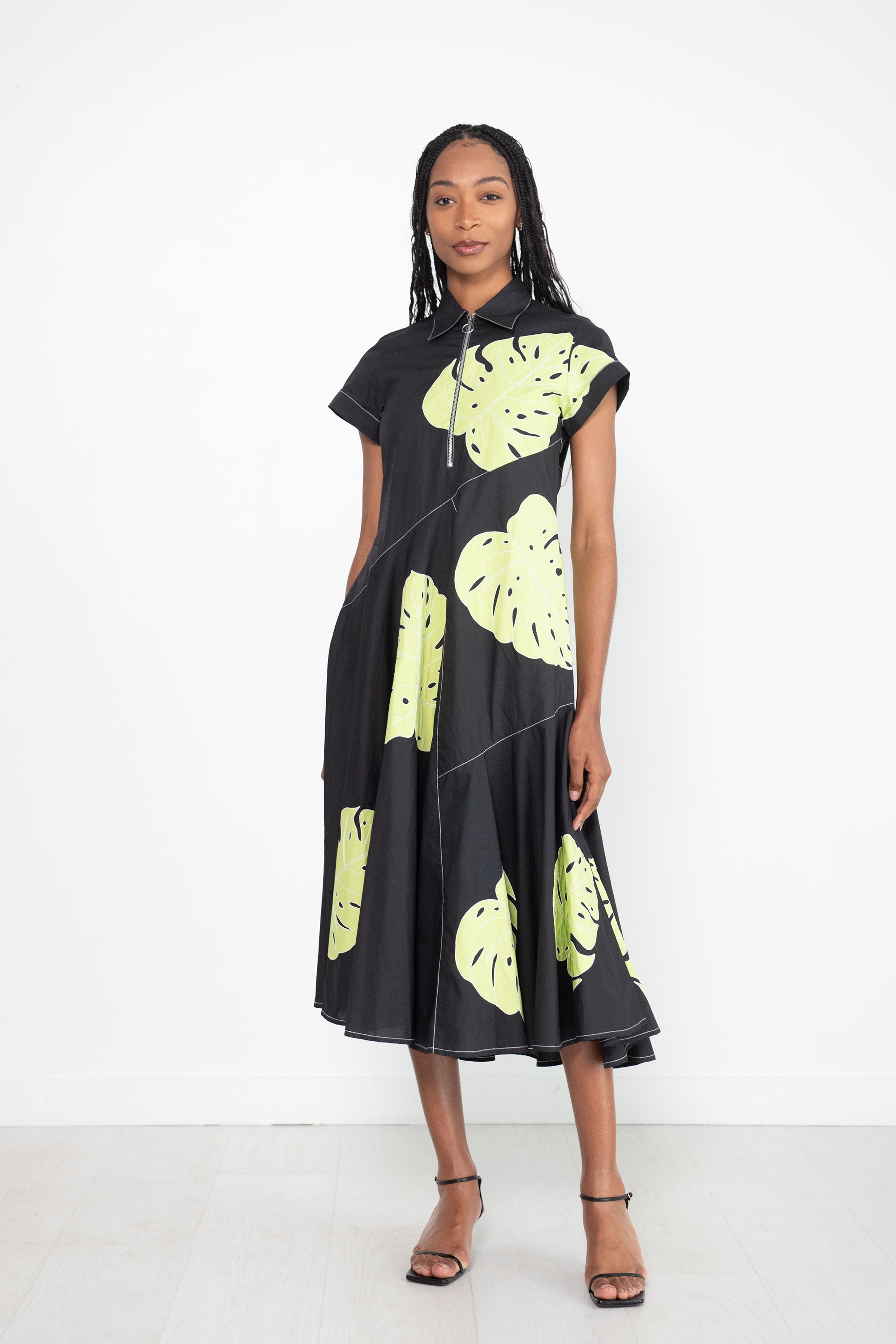 Lovebirds Zip Front Leaf Applique Dress, Black u0026 Lime – Kick Pleat