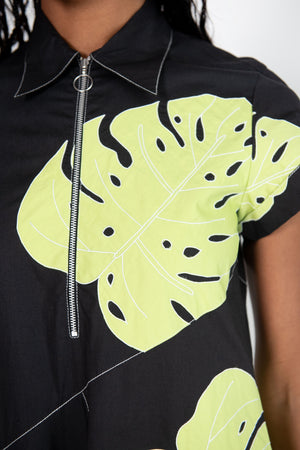 LOVEBIRDS - Zip Front Leaf Applique Dress, Black & Lime
