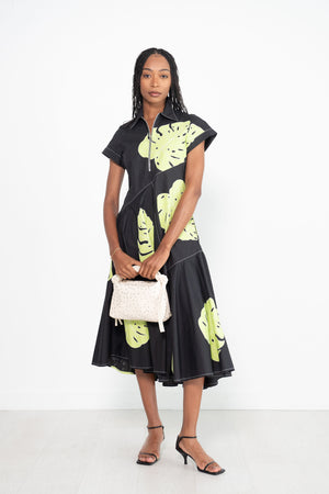 LOVEBIRDS - Zip Front Leaf Applique Dress, Black & Lime