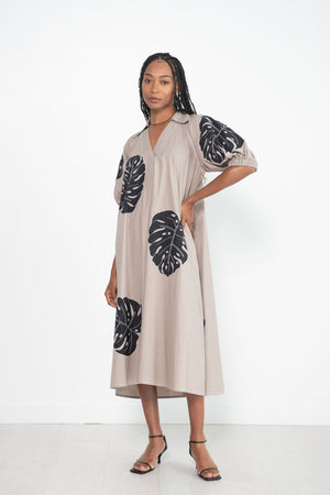 LOVEBIRDS - Puff Sleeve Applique Dress, Beige & Black