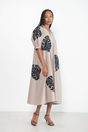 LOVEBIRDS - Puff Sleeve Applique Dress, Beige & Black