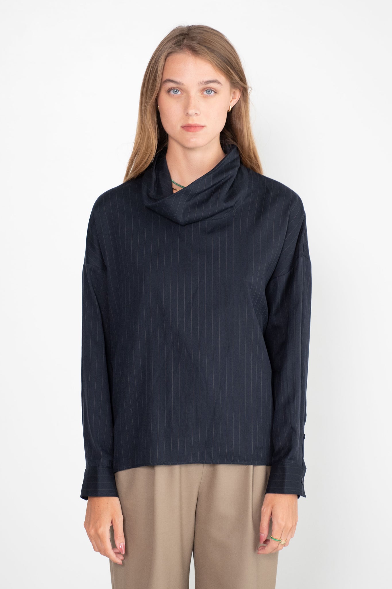 TIBI - Lyocell Drape Cowl Neck Top, Navy Multi