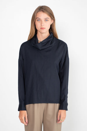 TIBI - Lyocell Drape Cowl Neck Top, Navy Multi
