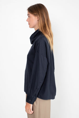 TIBI - Lyocell Drape Cowl Neck Top, Navy Multi