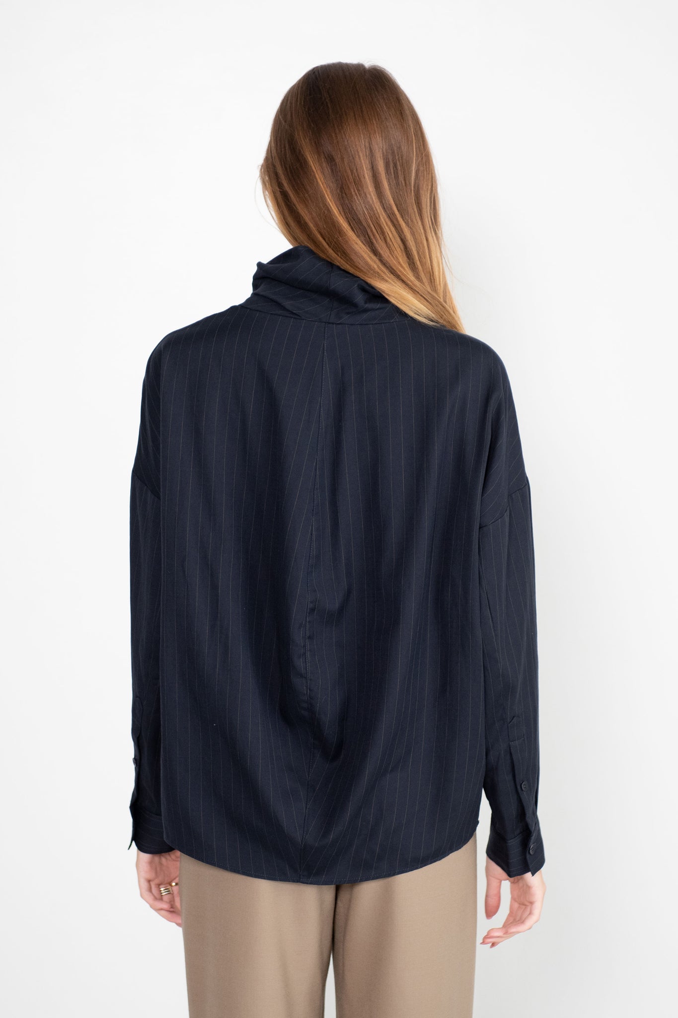 TIBI - Lyocell Drape Cowl Neck Top, Navy Multi