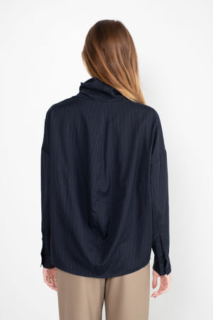 TIBI - Lyocell Drape Cowl Neck Top, Navy Multi
