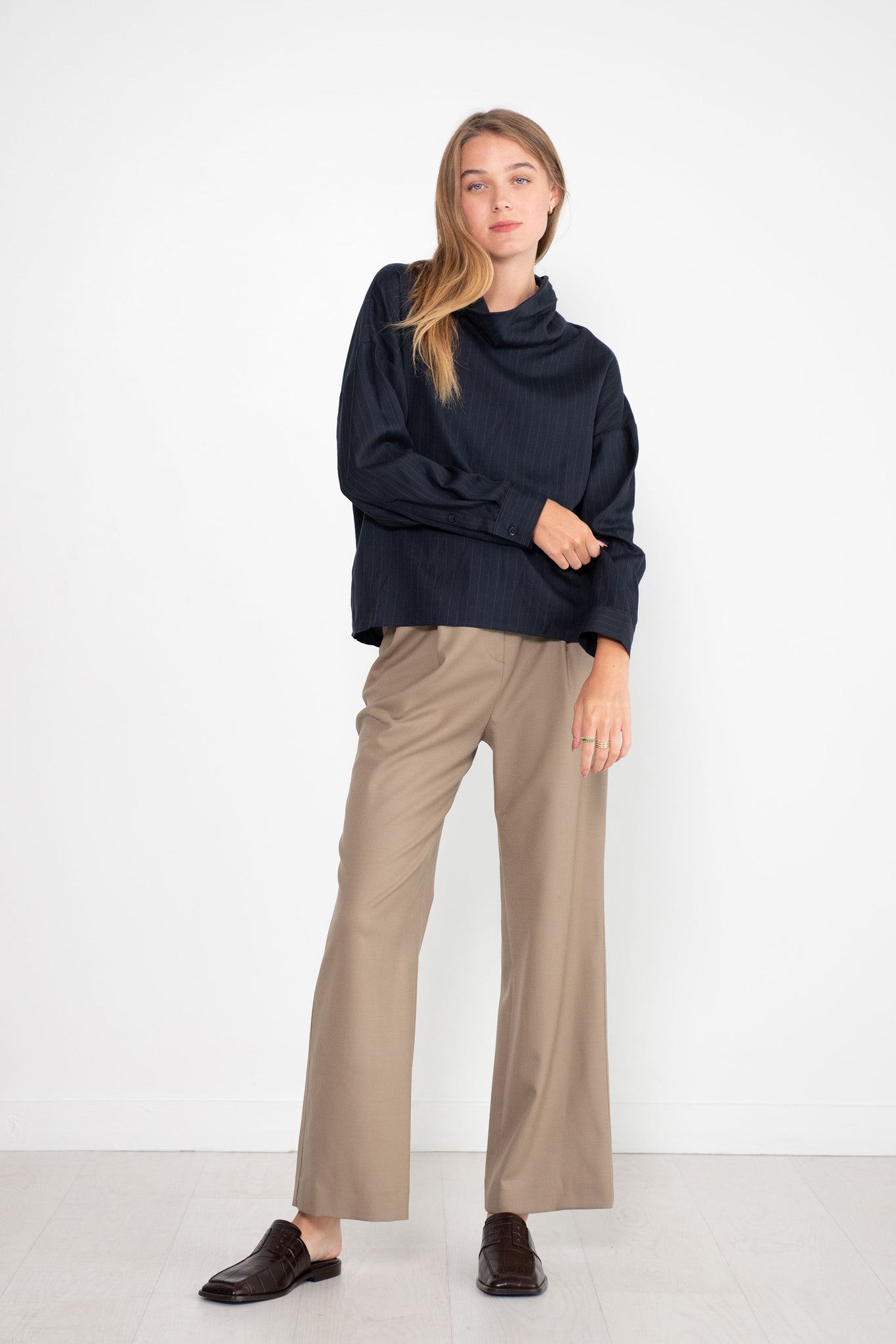 TIBI - Lyocell Drape Cowl Neck Top, Navy Multi