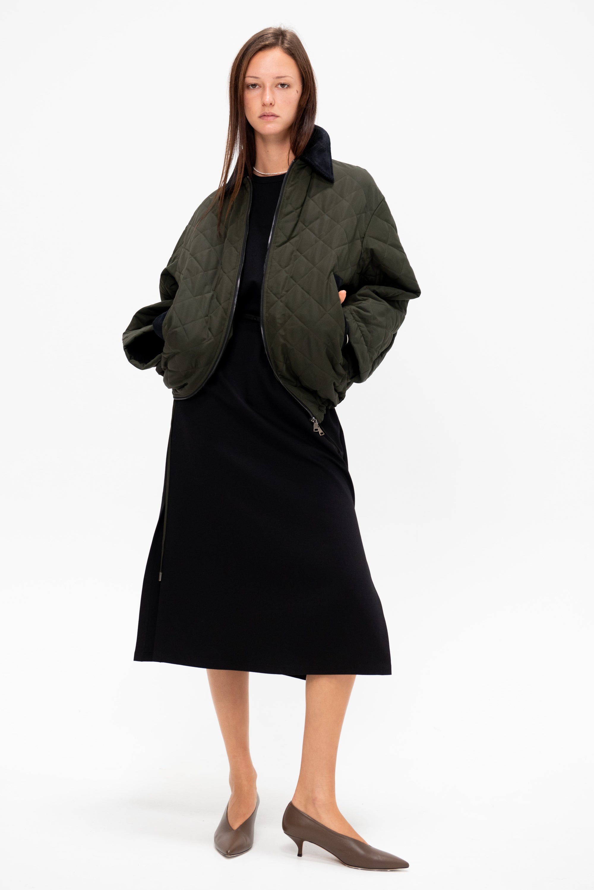 Puffy Sleeve Midi Dress, Black &amp; Military Green
