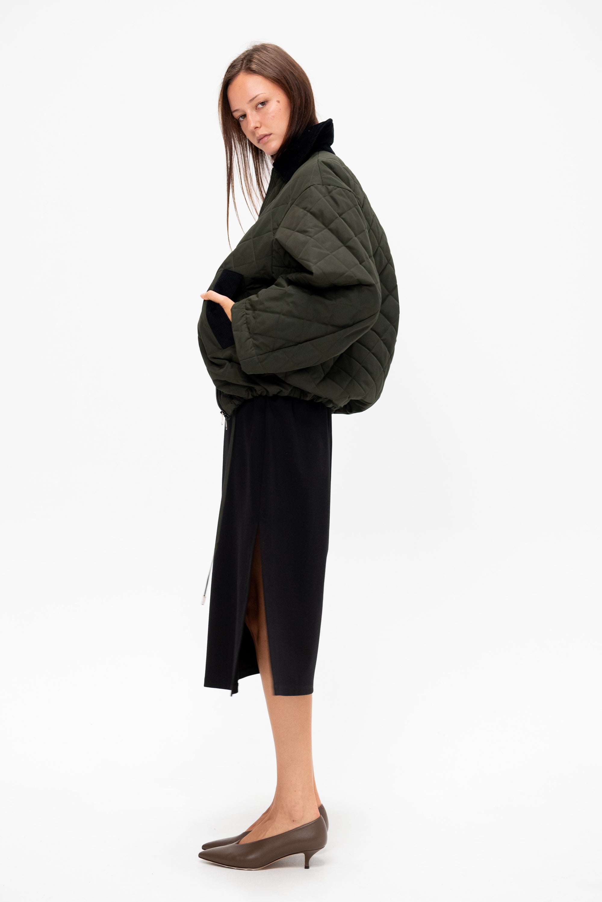 Puffy Sleeve Midi Dress, Black &amp; Military Green