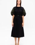 Puffy Sleeve Midi Dress, Black & Military Green
