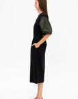 Puffy Sleeve Midi Dress, Black & Military Green