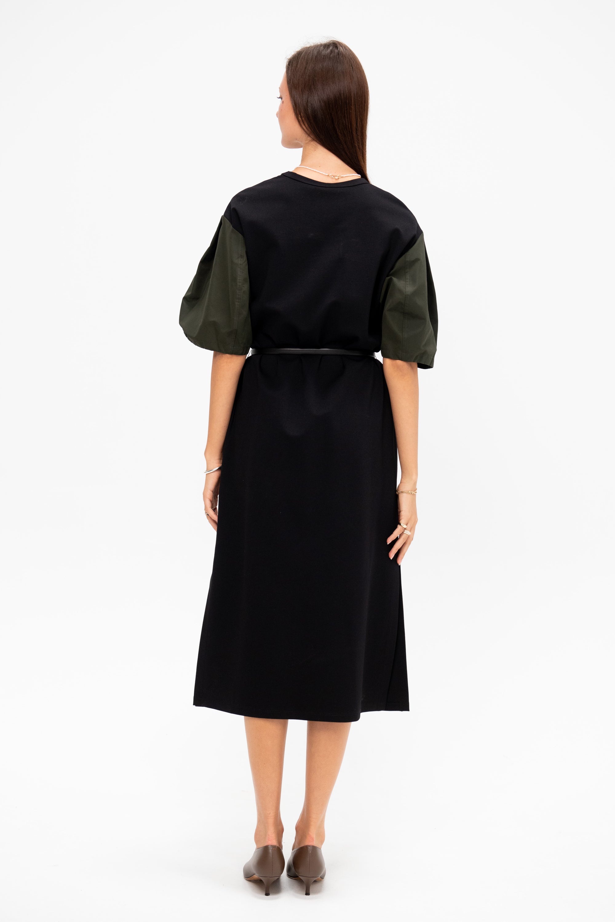 Puffy Sleeve Midi Dress, Black &amp; Military Green