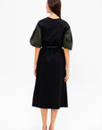 Puffy Sleeve Midi Dress, Black & Military Green
