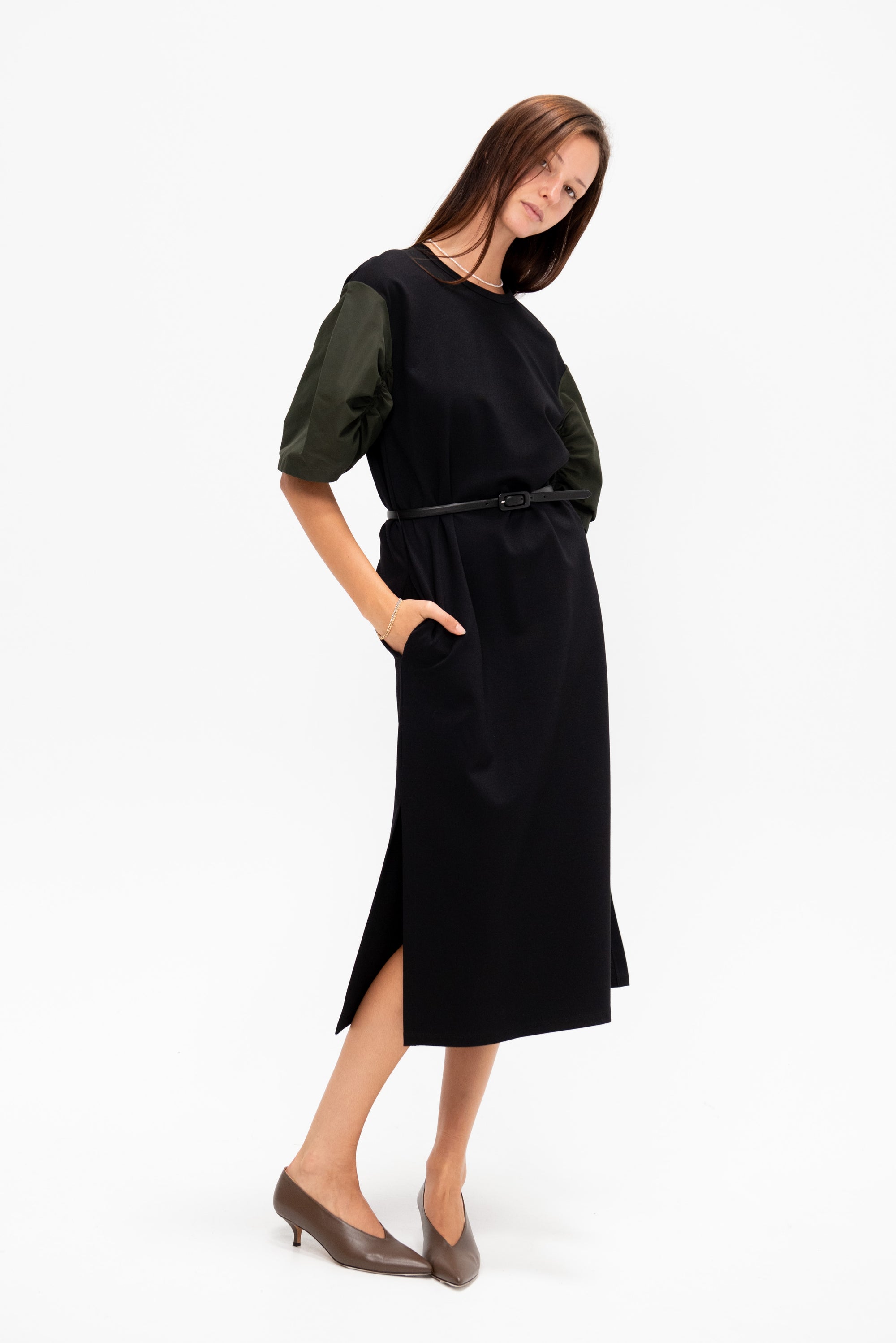 Puffy Sleeve Midi Dress, Black &amp; Military Green