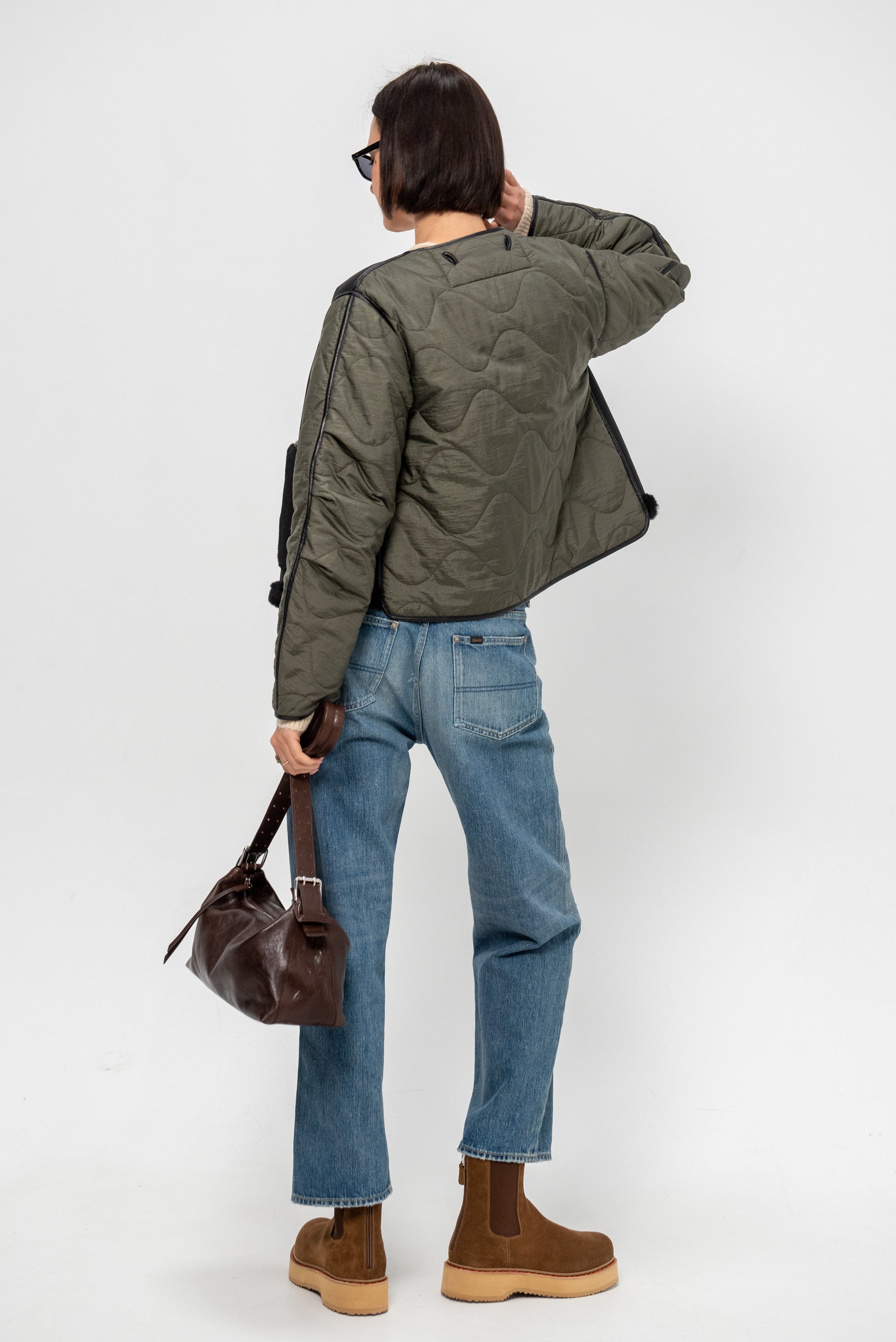 Shearling Cropped Aviator, Black &amp; Dark Olive