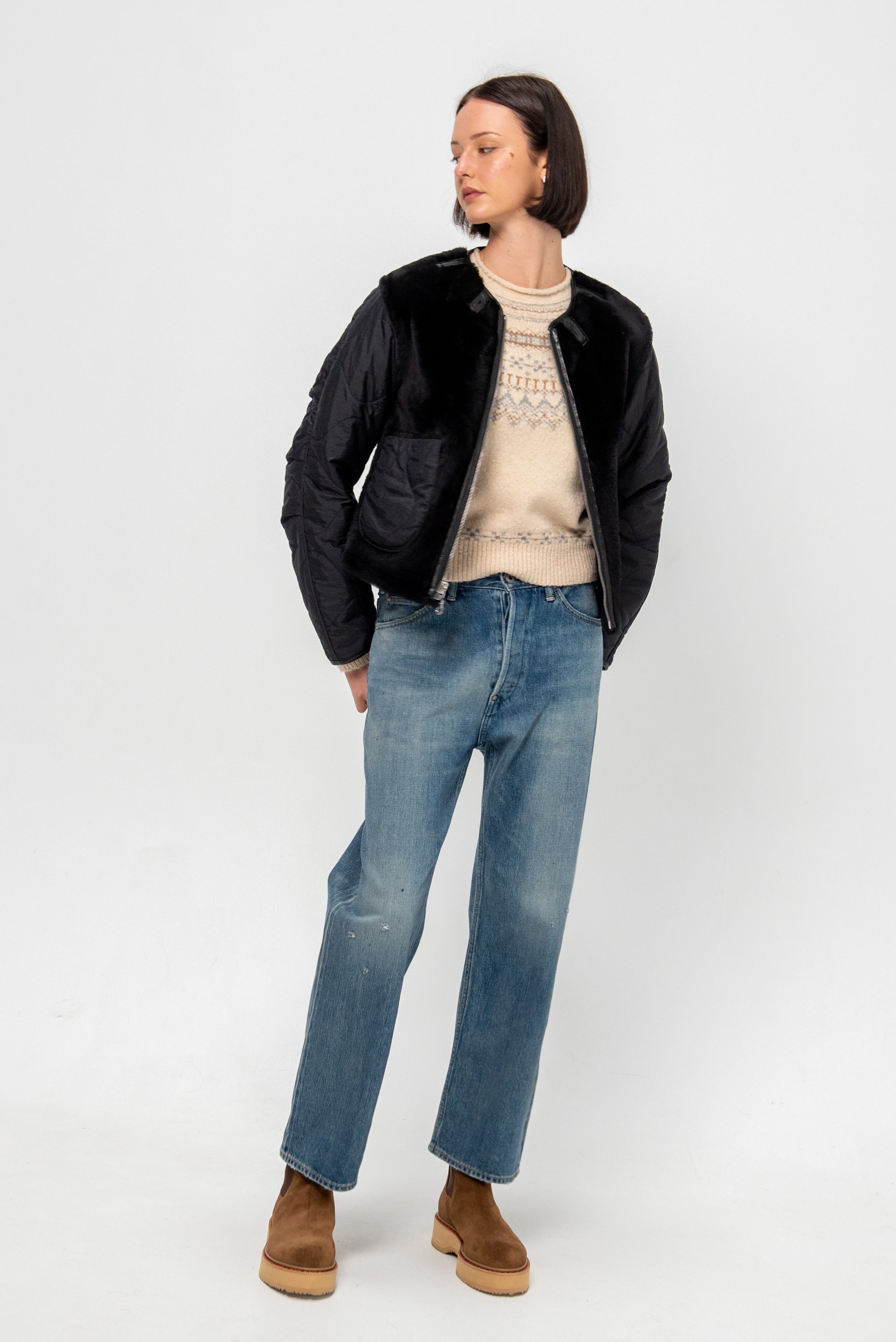Shearling Cropped Aviator, Black &amp; Dark Olive