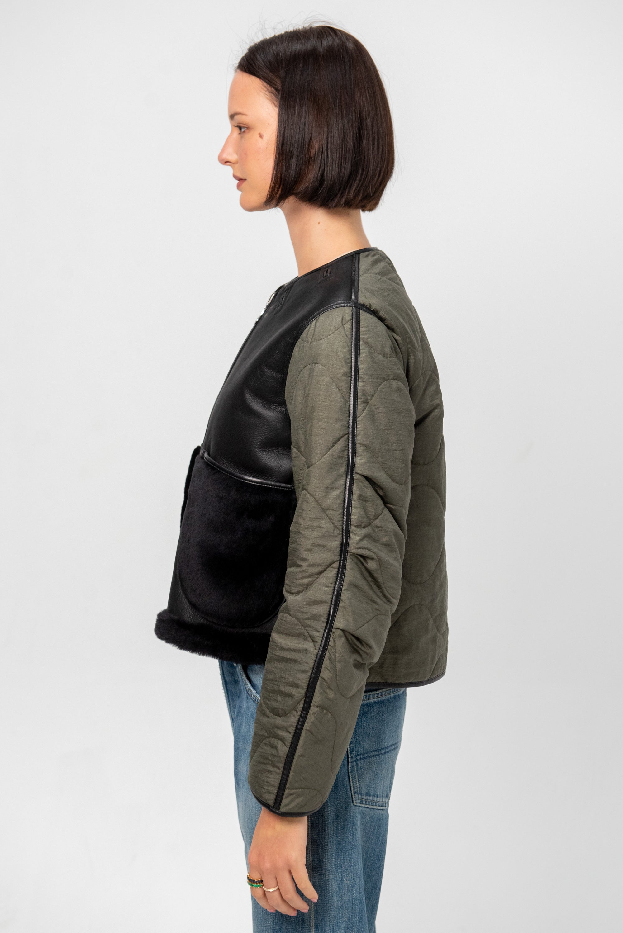 Shearling Cropped Aviator, Black &amp; Dark Olive