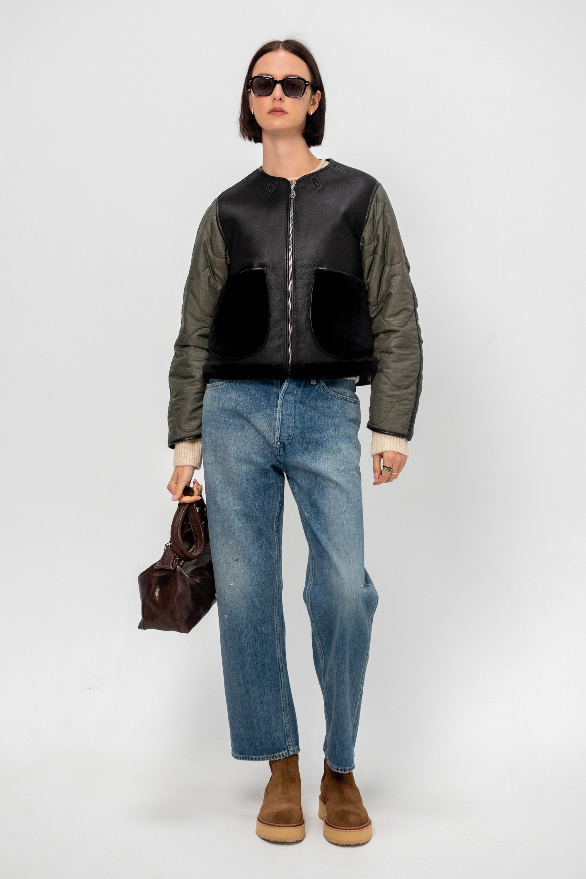 Shearling Cropped Aviator, Black &amp; Dark Olive