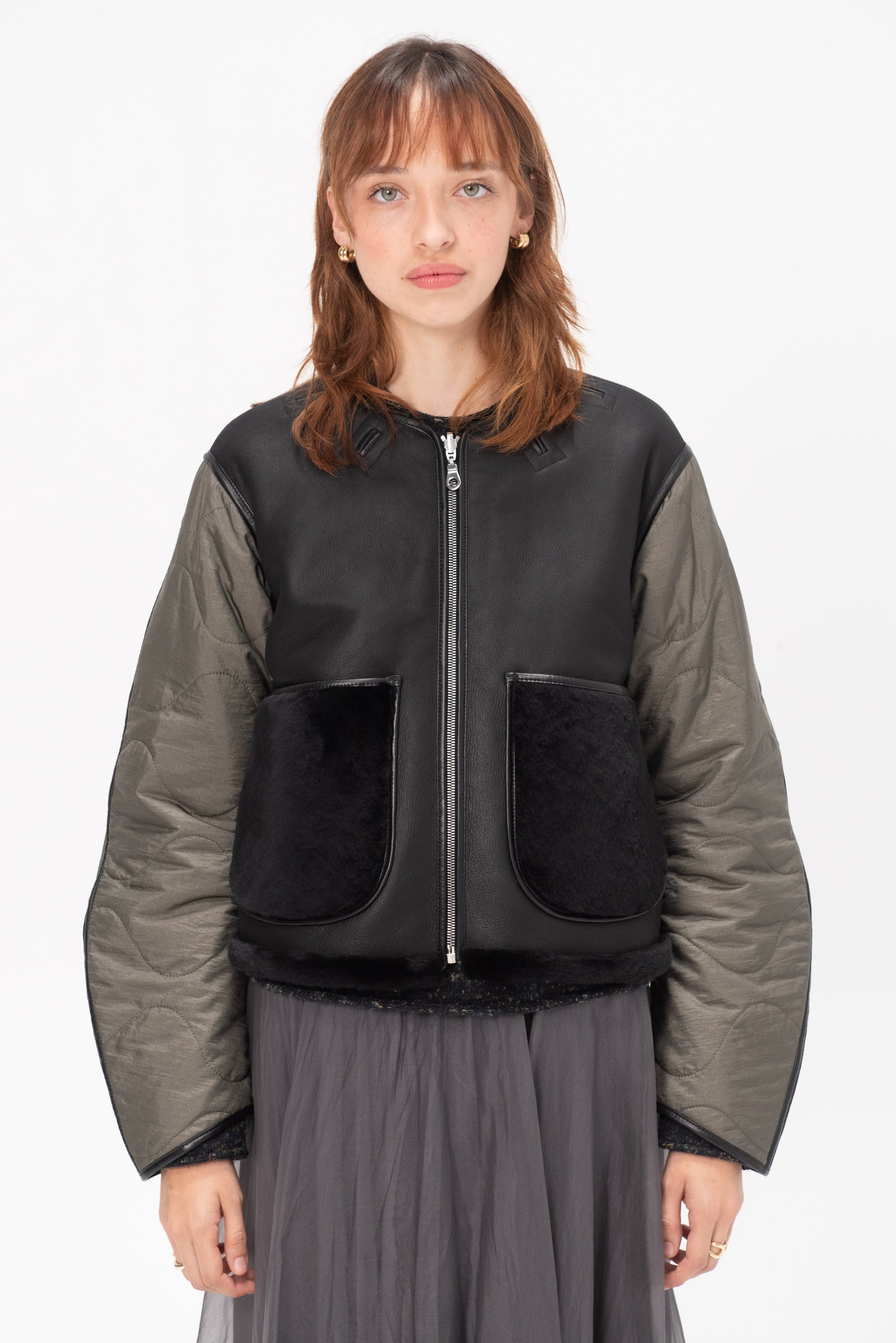 MARFA STANCE - Shearling Cropped Aviator, Black and Dark Olive