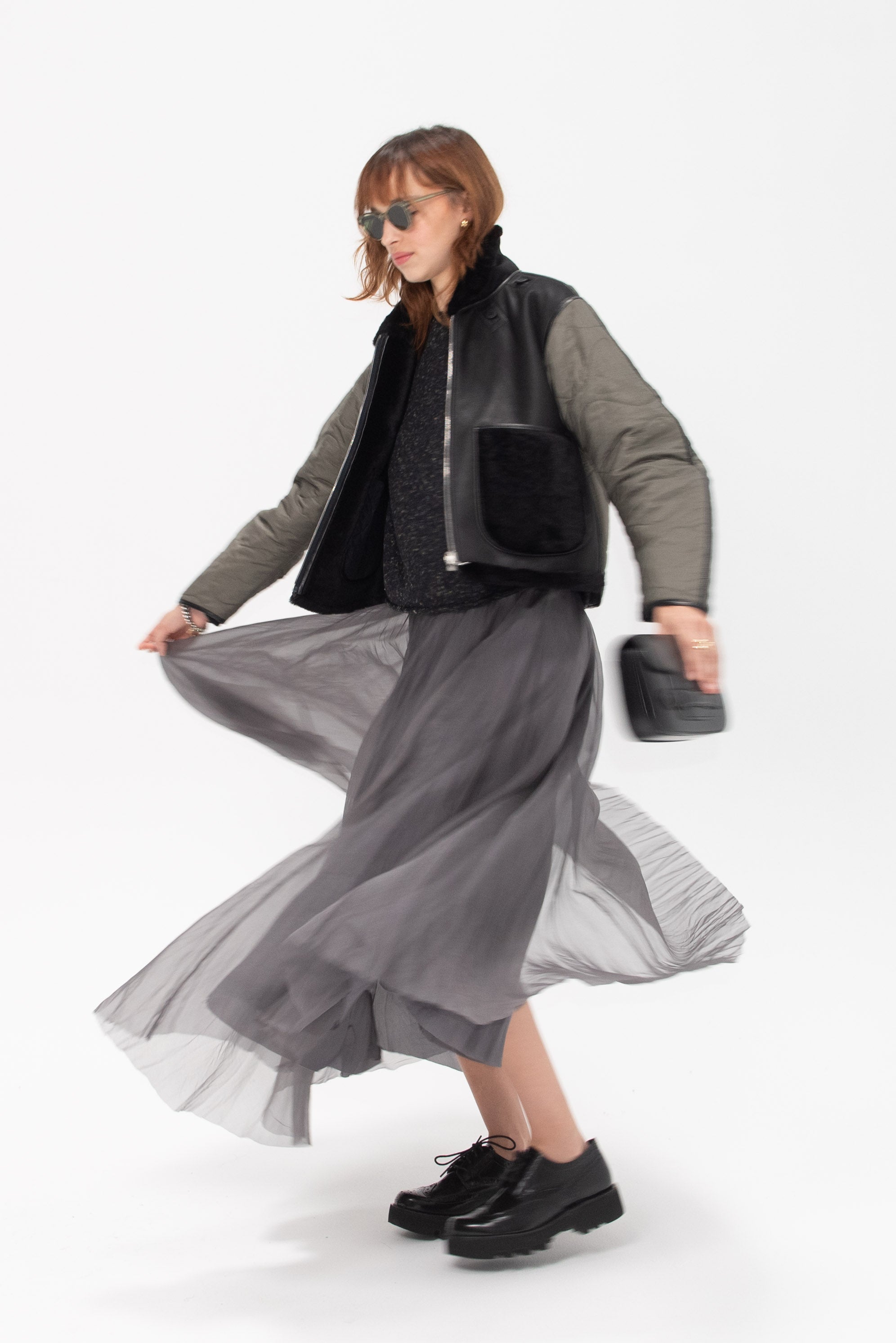 MARFA STANCE - Shearling Cropped Aviator, Black and Dark Olive