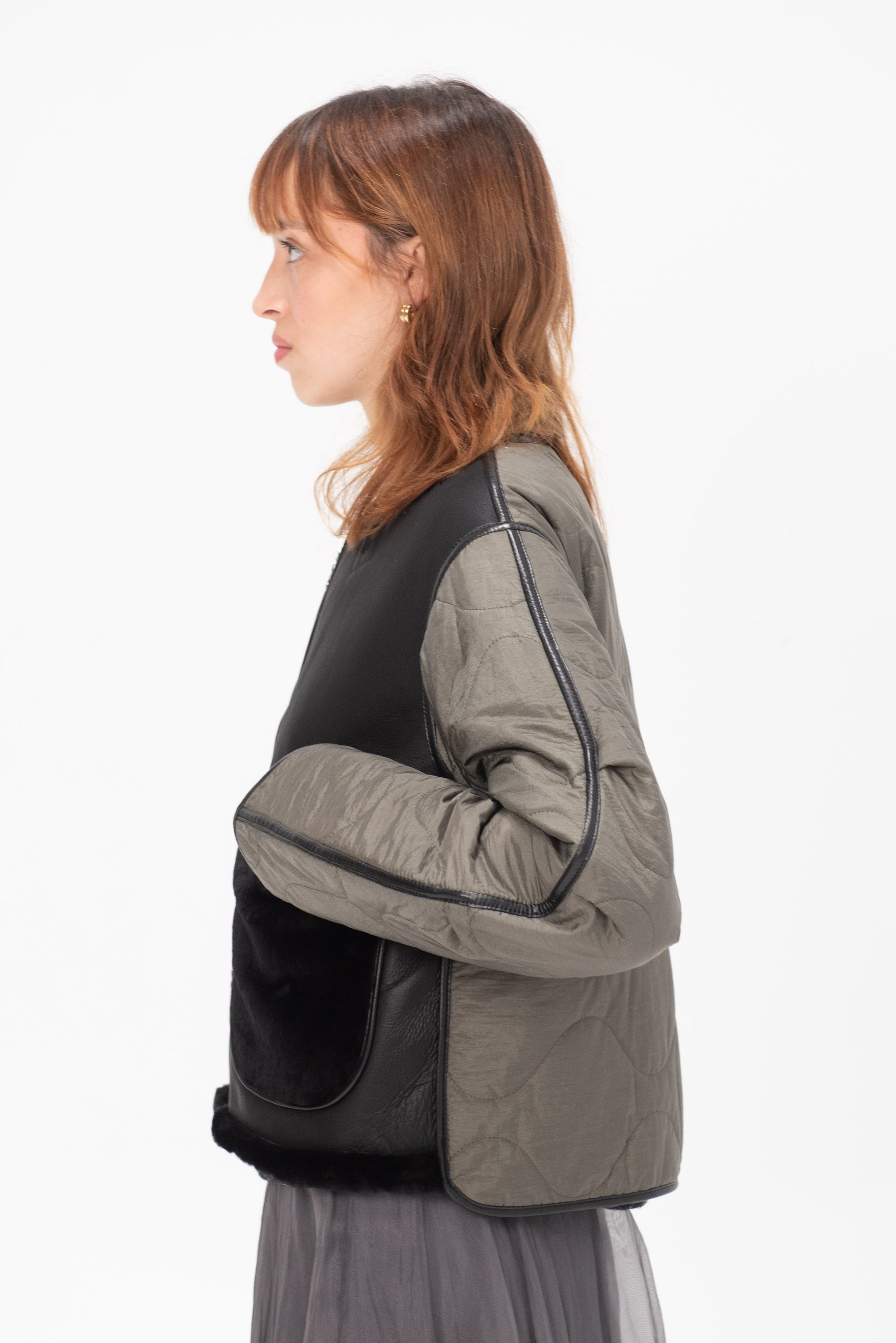 MARFA STANCE - Shearling Cropped Aviator, Black and Dark Olive