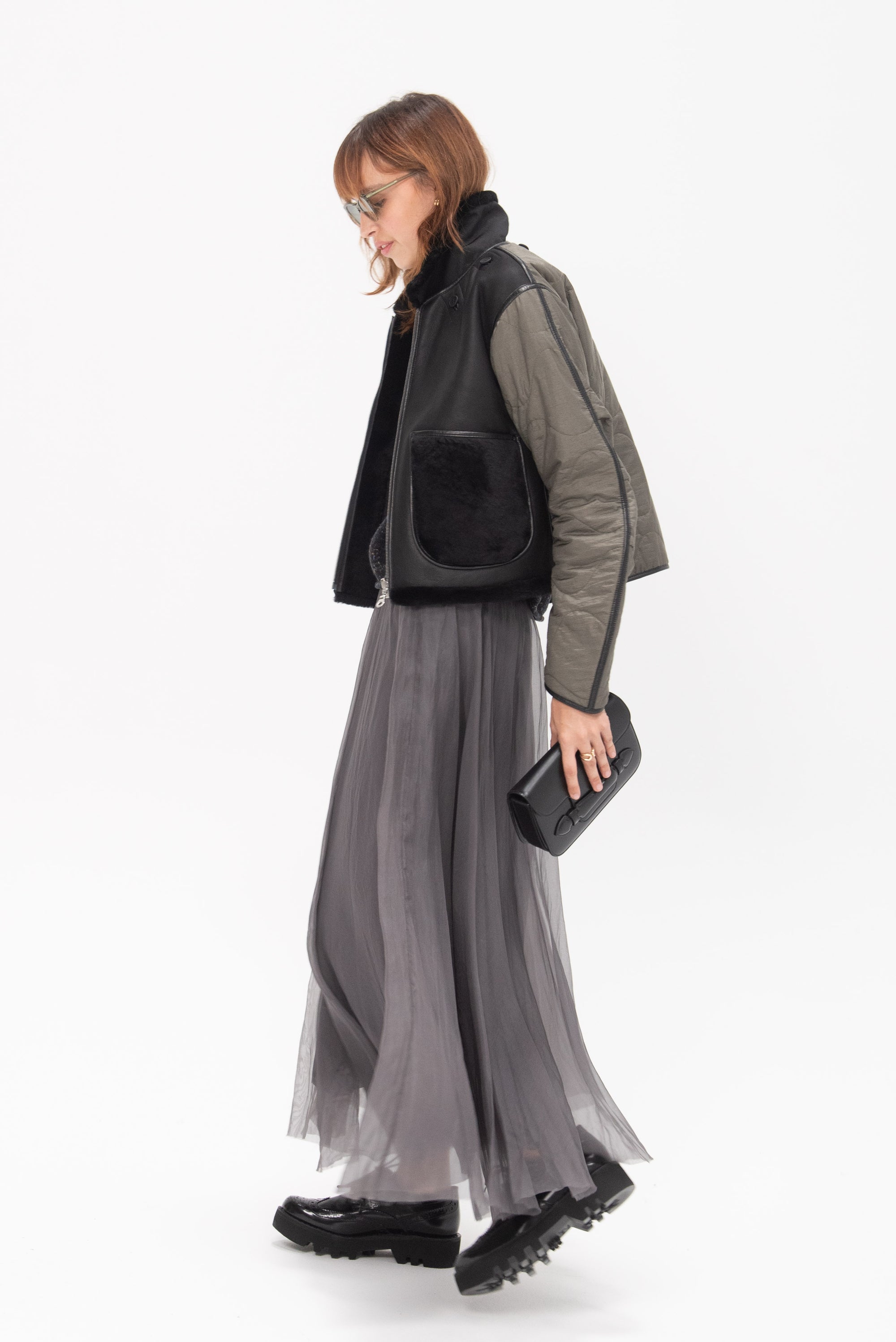 MARFA STANCE - Shearling Cropped Aviator, Black and Dark Olive