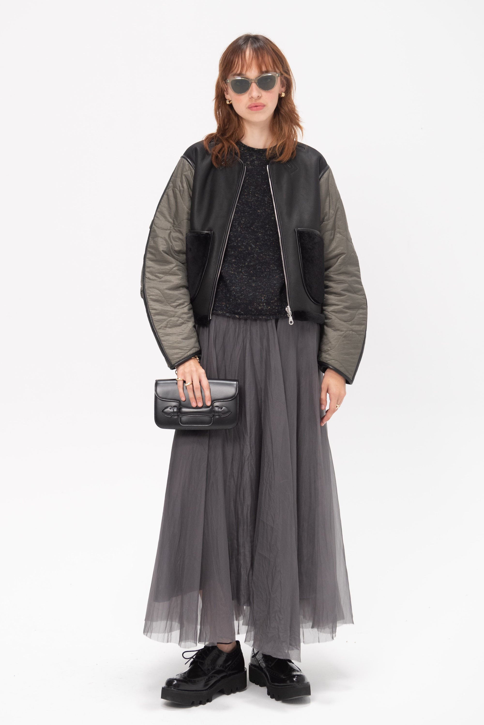 MARFA STANCE - Shearling Cropped Aviator, Black and Dark Olive