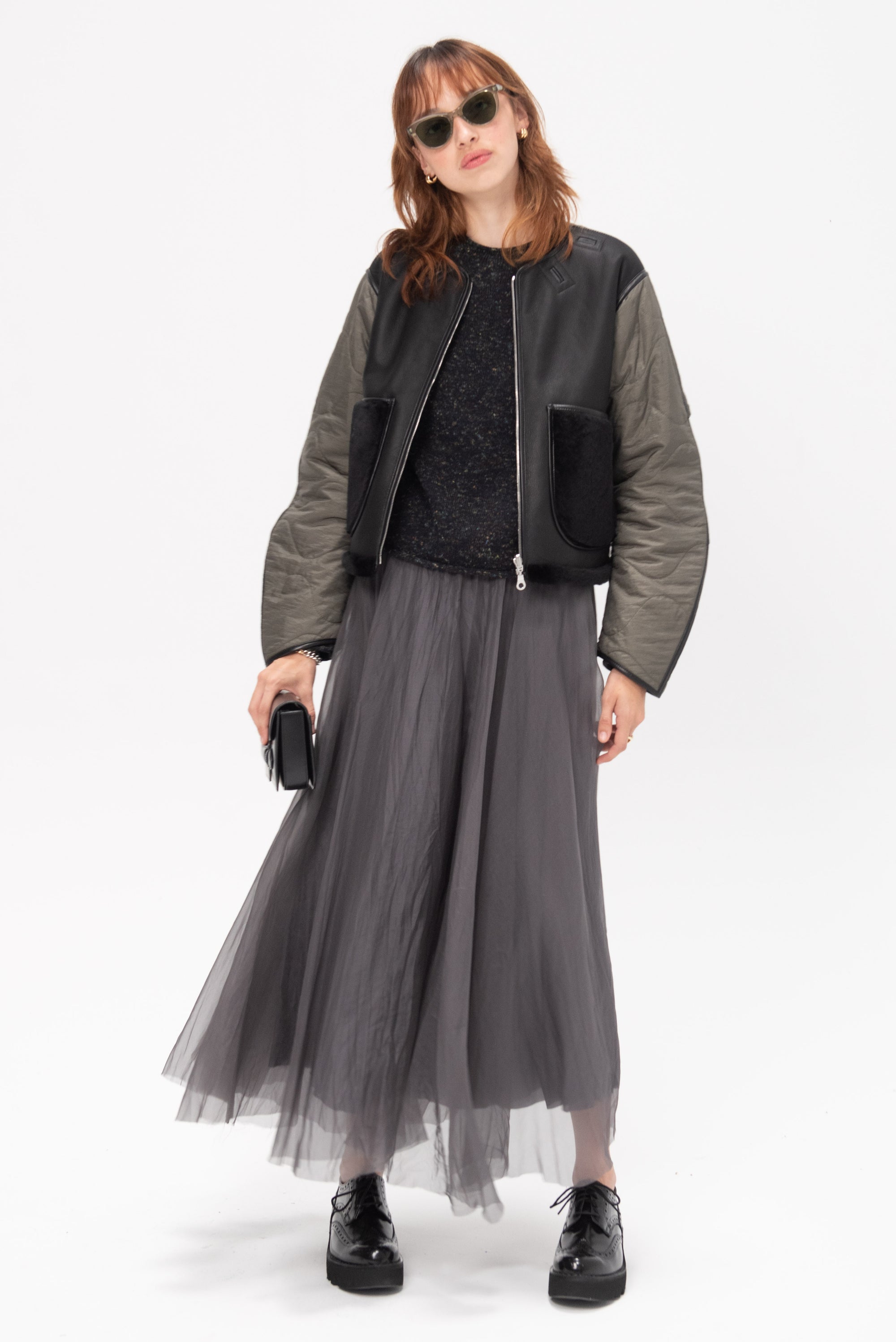 MARFA STANCE - Shearling Cropped Aviator, Black and Dark Olive