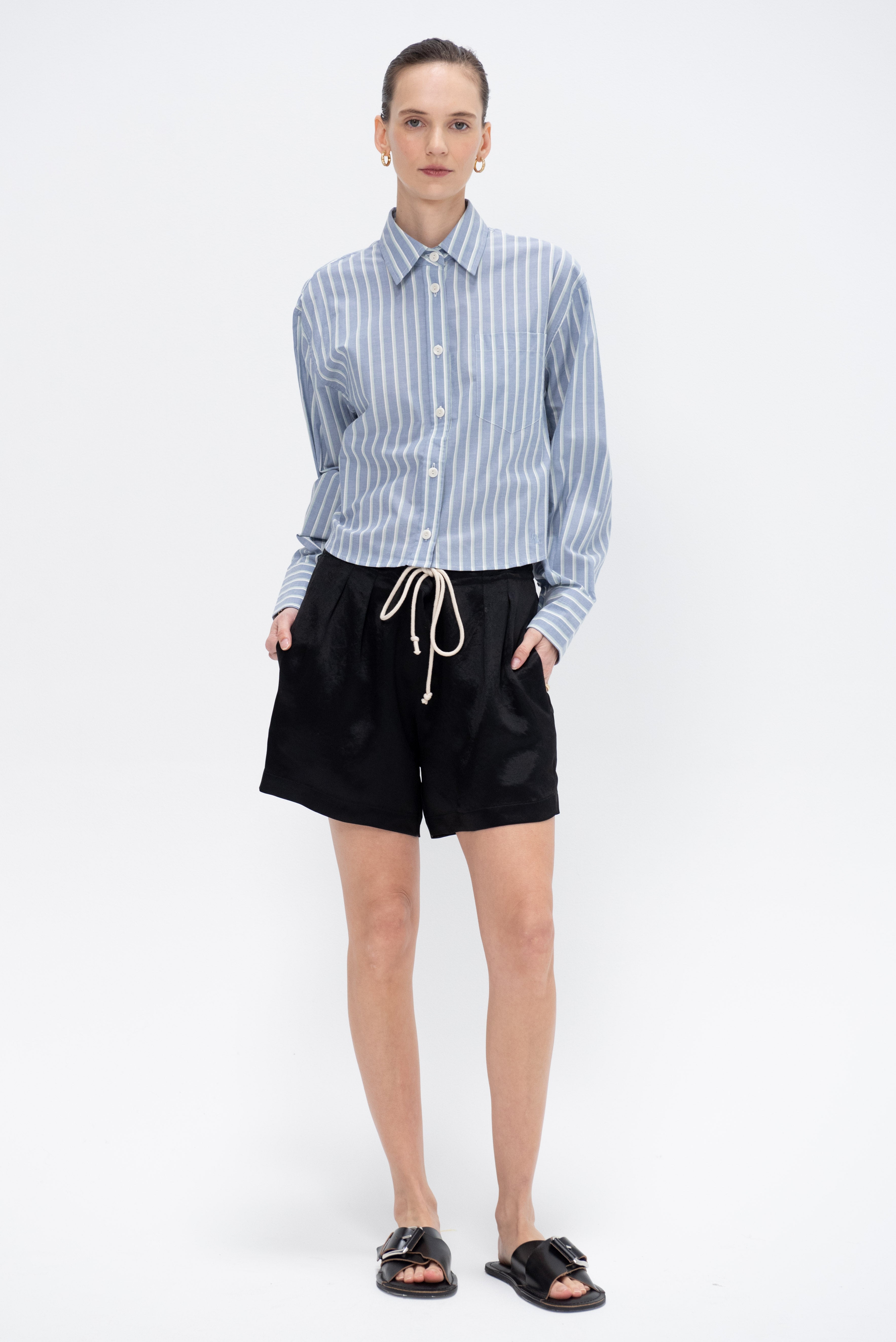 Maria McManus Cropped Oversized Shirt, Denim Mint Stripe Maria McManus Cropped Oversized Shirt, Denim Mint Stripe