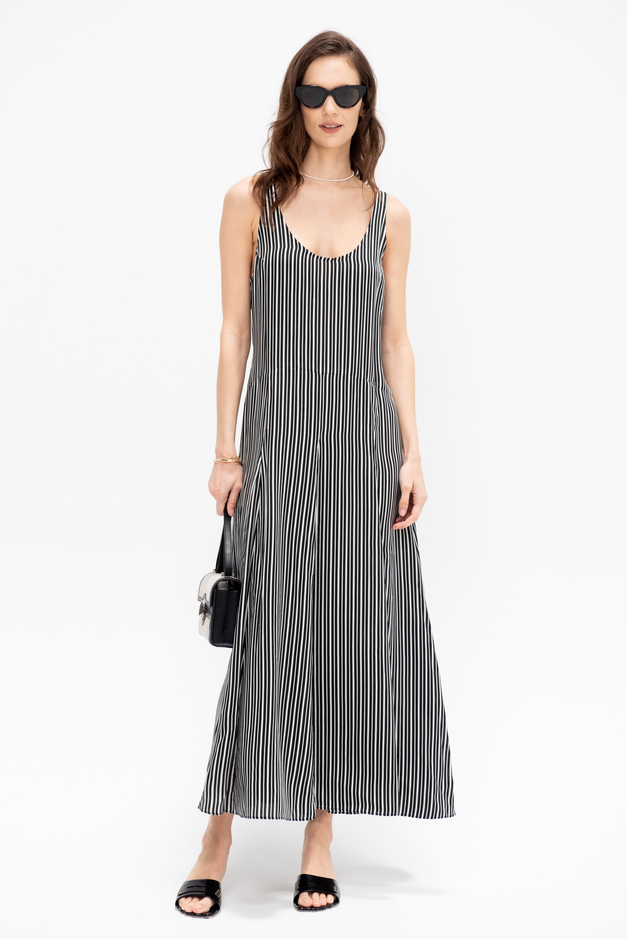 Godet Dress, Black &amp; White Awning Stripe