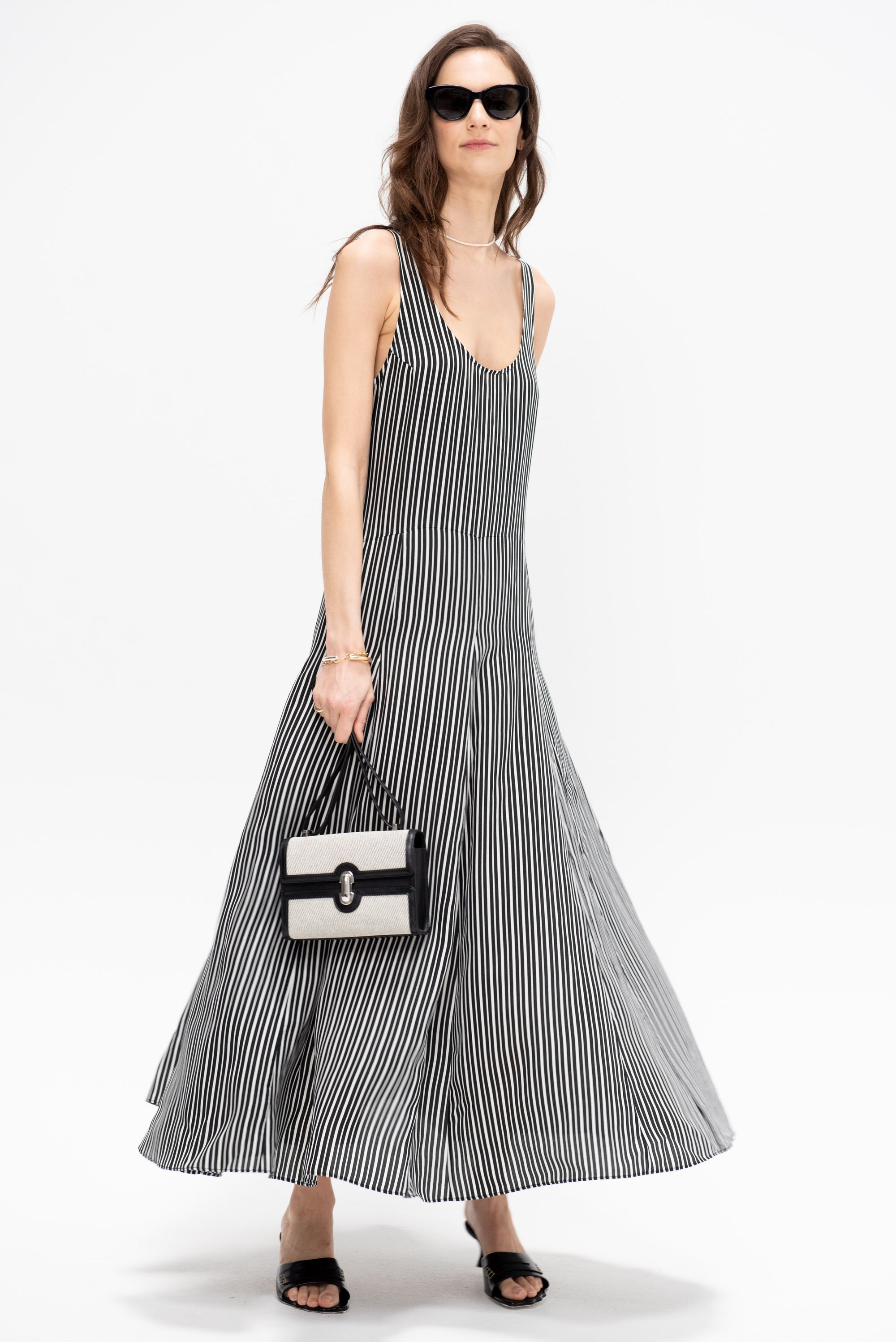 Godet Dress, Black &amp; White Awning Stripe
