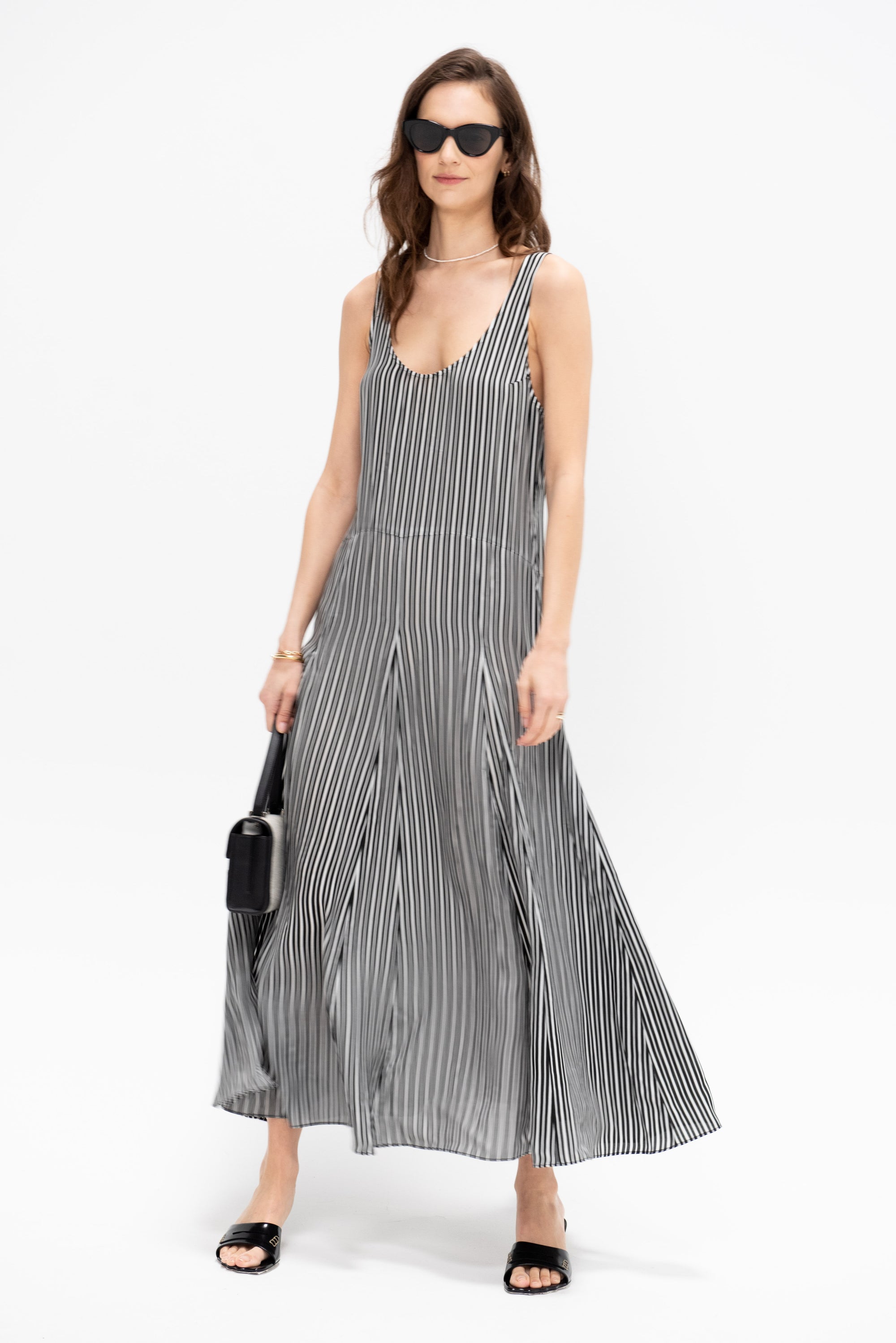 Godet Dress, Black &amp; White Awning Stripe