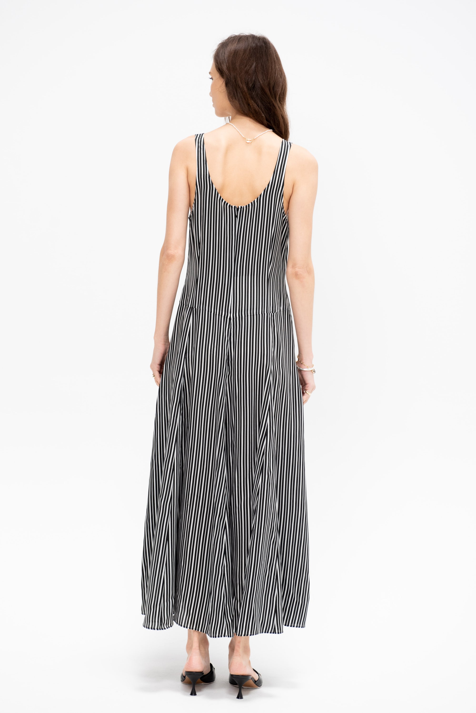 Godet Dress, Black &amp; White Awning Stripe