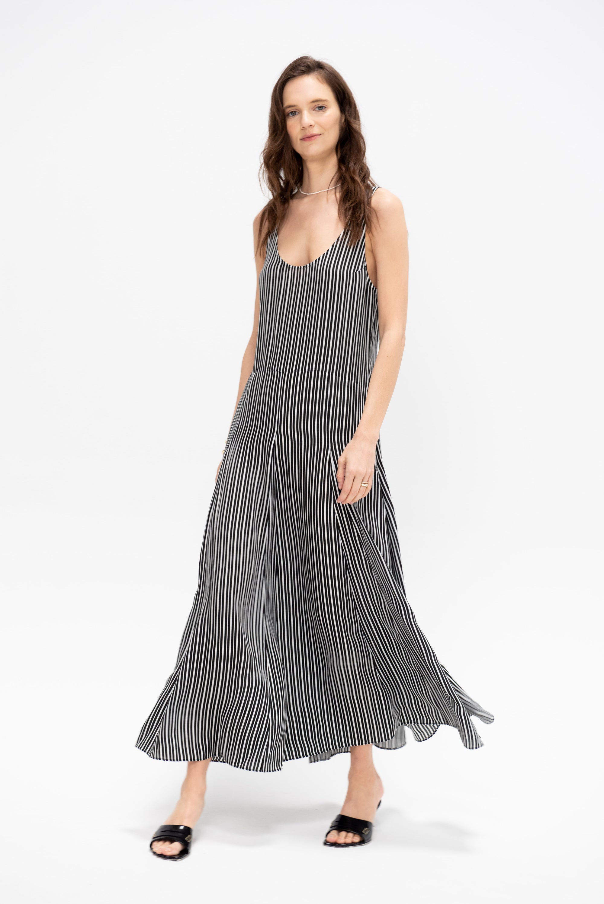 Godet Dress, Black &amp; White Awning Stripe