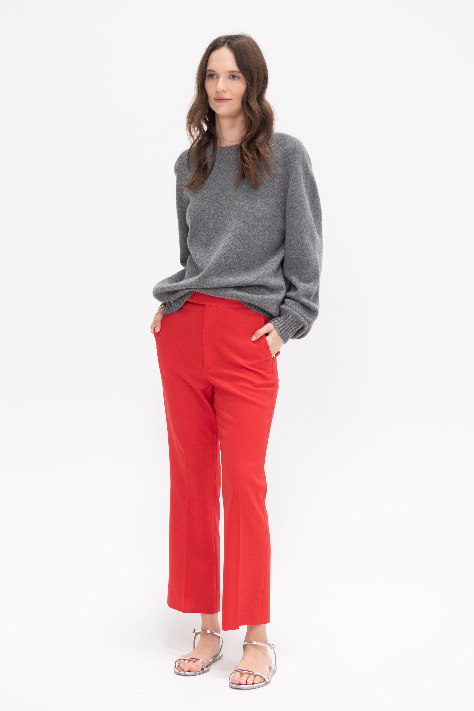 High Waist Crop Trousers, Carmine Red