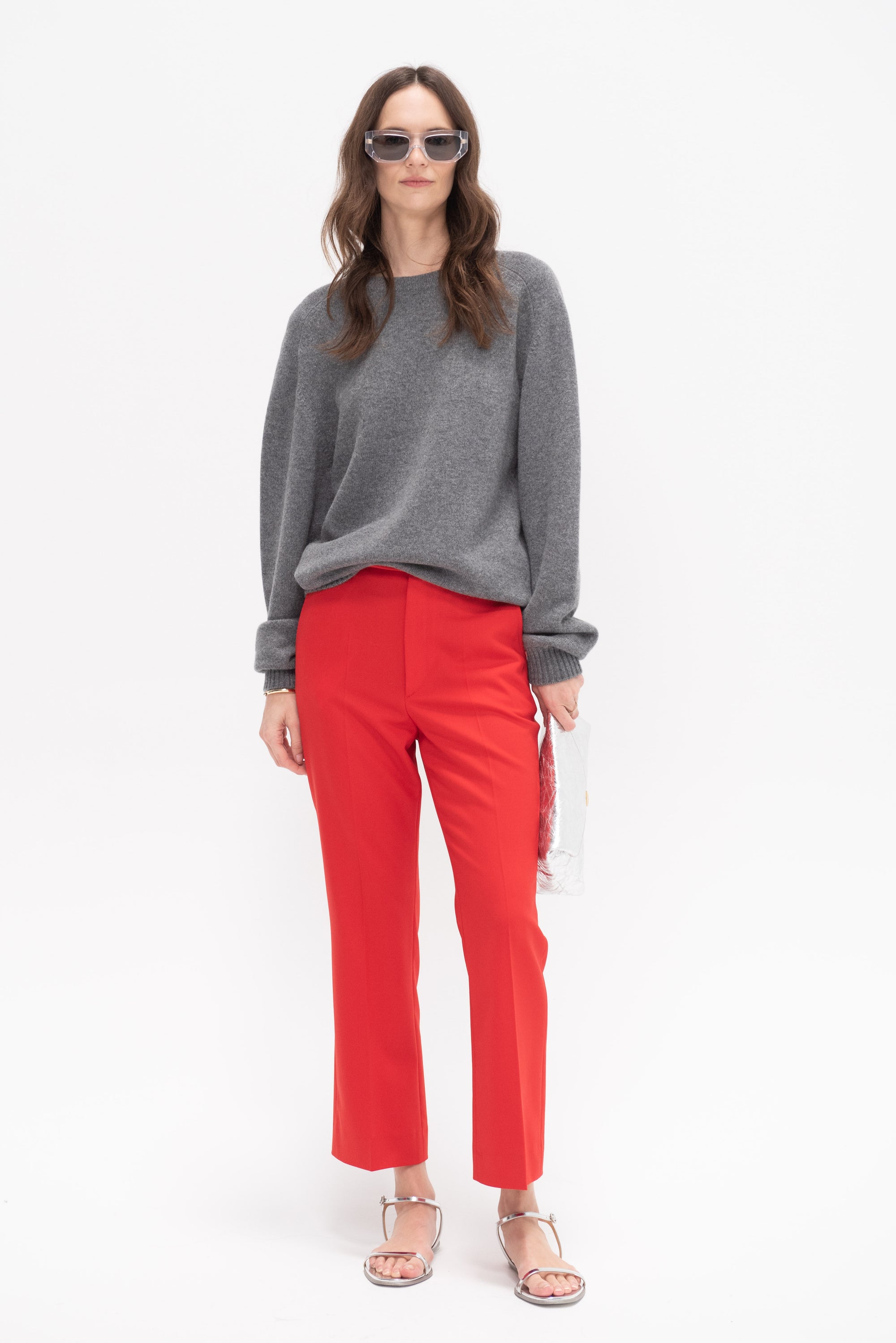 High Waist Crop Trousers, Carmine Red