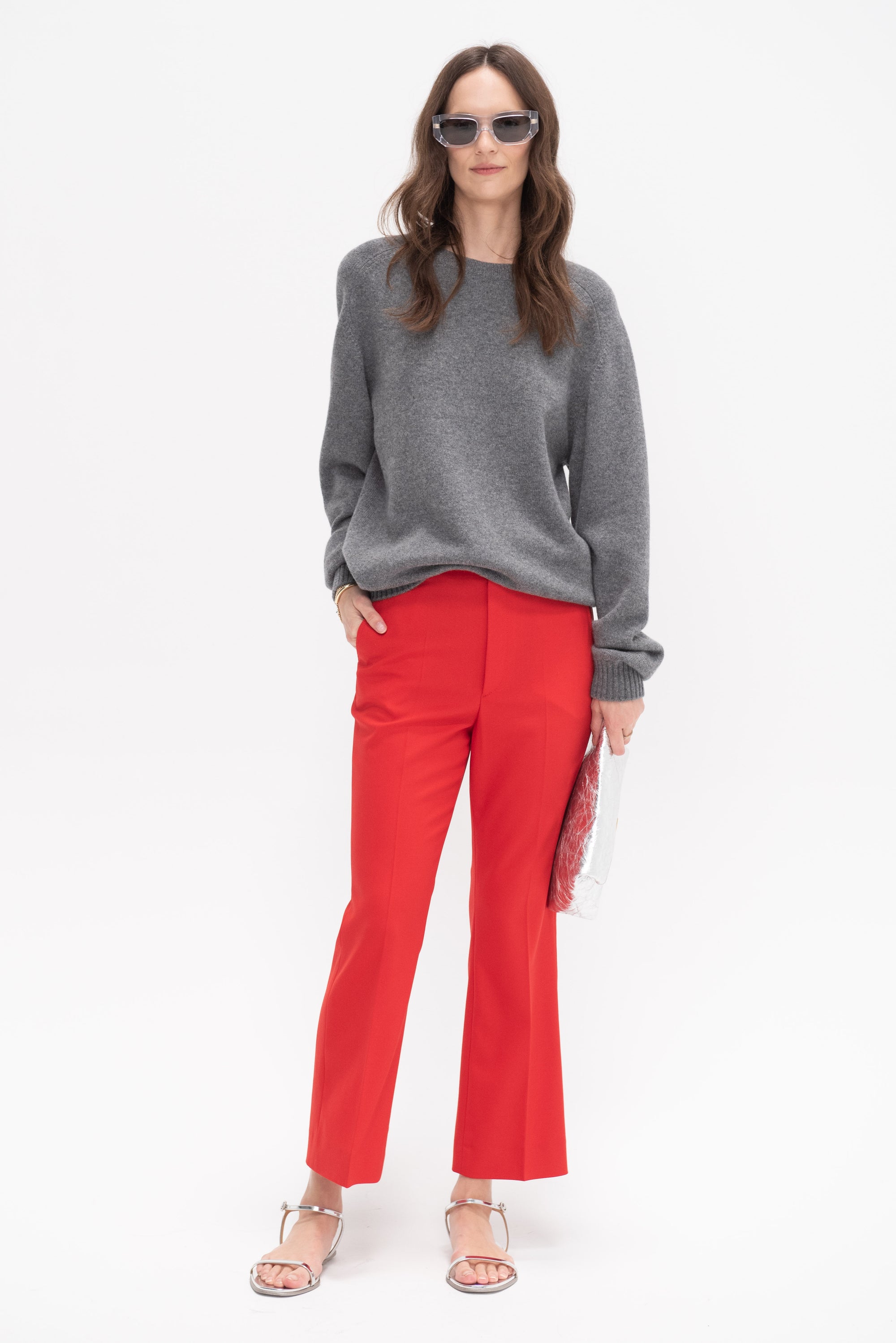 High Waist Crop Trousers, Carmine Red
