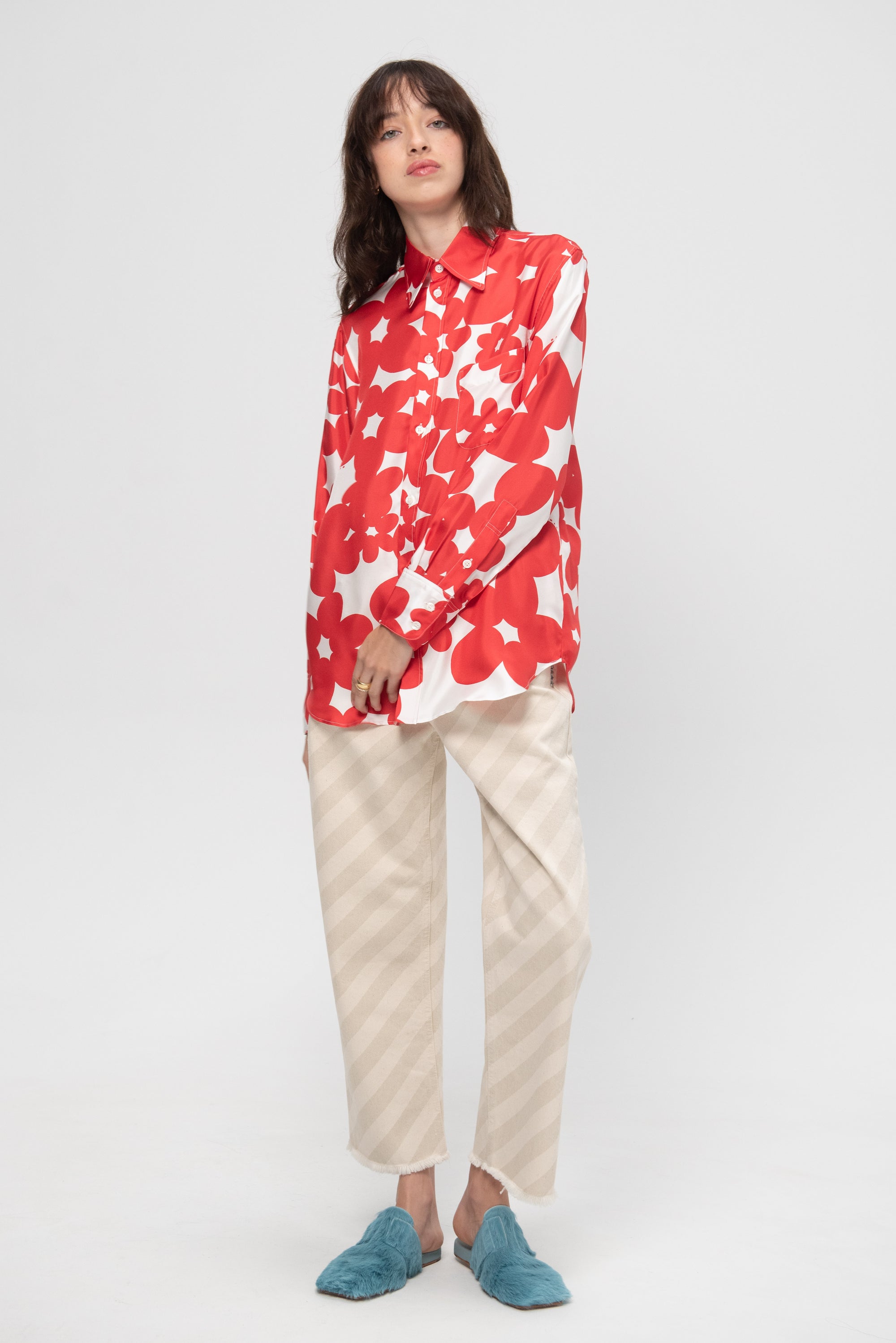 Silk Shirt with Dillies print, Crimson